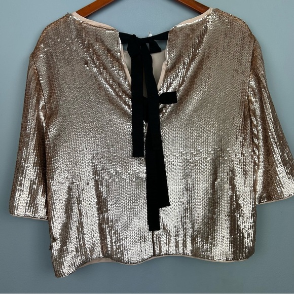 NWT J.crew Bianca rose gold Sequined crepe Top size 10 Black ribbon Bow back - Picture 10 of 16